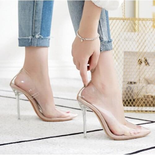 Women sandals PVC Slip On 11cm Thin Heels High heels Pointed Toe Shallow women shoes sandalias mujer 2020 size 35-42 Beige