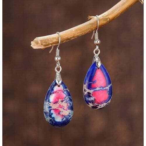 Natural Stone Earrings for Women Colorful Turquoises Water Drop Imperial Jaspers Dangle Earrings Healing Jewelry Ethnic Bohemia
