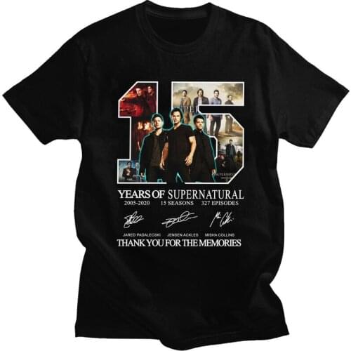 Supernatural 15 Years Anniversary Dean Sam Castiel Signatures T Shirts Short Sleeve The Winchesters Bro T-shirts Summer Tee