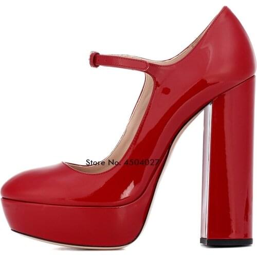 Patent Red Round Toe Platform High Heels Mary Janes Pumps Ladies Evening Dress Chunky Heel Wave Point Shoes