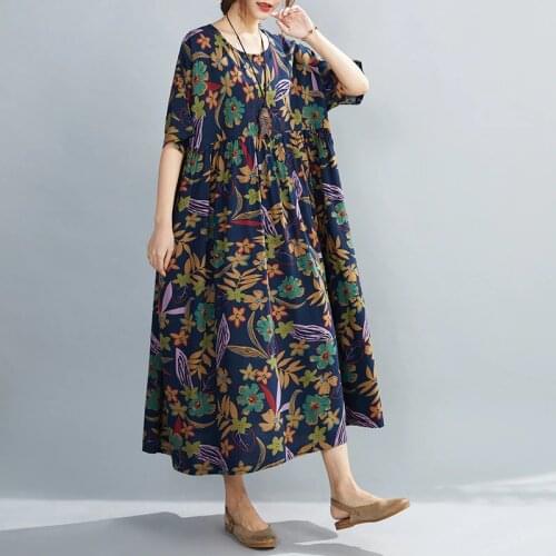 Print Floral Vintage Dress 2021 New Arrival Short Sleeve Loose Summer Dress Cotton Linen Plus Size Women Casual Long Maxi Dress