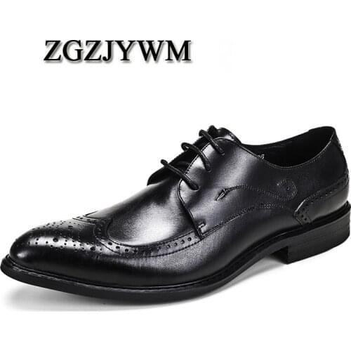 ZGZJYWM New Breathable Black/Red Carved Loafers Mens Dress Genuine Leather Lace-Up Pointed Toe Wedding Men Office Business Shoes