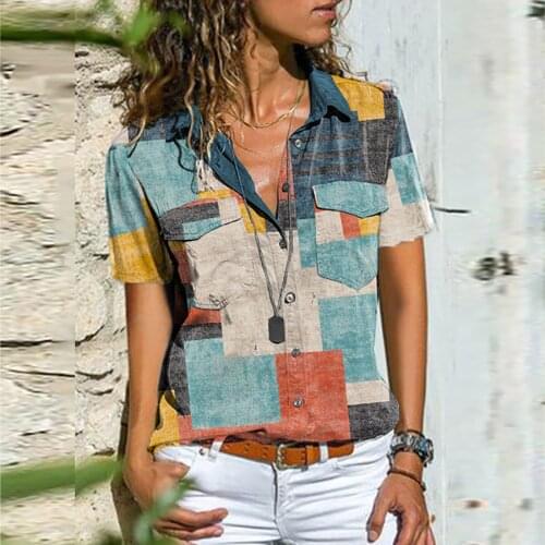 Geometric Print Women Shirt Blouse Summer Turn-Down Collar Short Sleeve Pockets Buttons Top Casual Plus Size Blouses Blusa Mujer