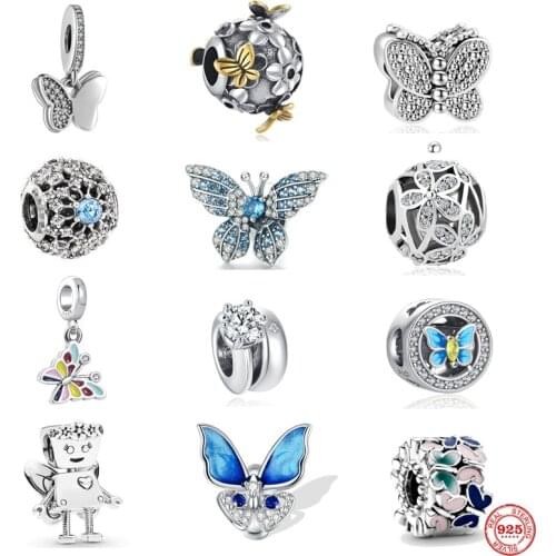 2021 New 925 Sterling Silver Shiny Blue Butterfly Charm Bead Fit Original Pandora Bracelets DIY Jewelry For Women Gift