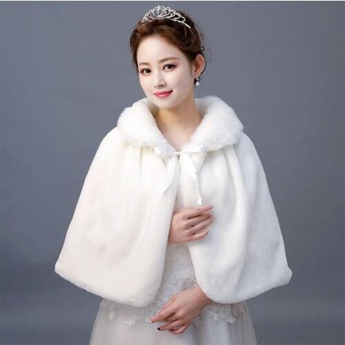 Women Wedding Bolero Winter Ivory Faux Fur Shawl Wrap Wedding Bridal Wraps Warmer Shawl With Ribbon Cloak