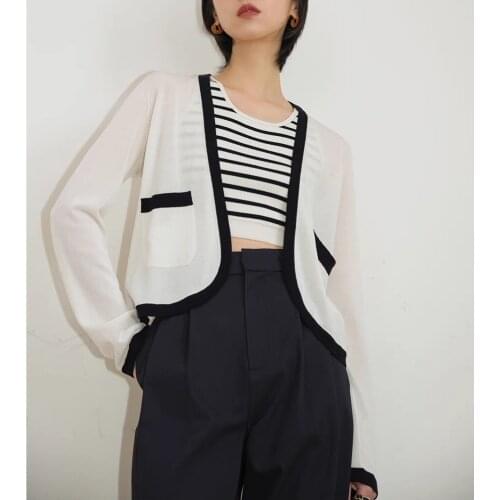 Women Sweater 2021 Autumn Colorblock Knit Cardigan Commuter Contrast Color Short Top Korean