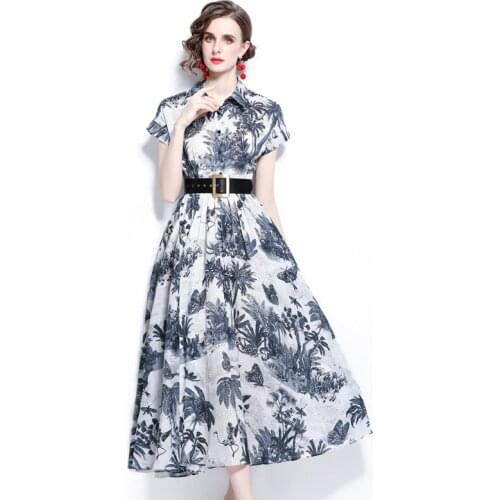 Fashion Runway Jungle Ink Printed Mid-Length Lace-Up Belt Shirt Dress 2021 Summer Women Short Raglan Sleeve Elegant Long Dress