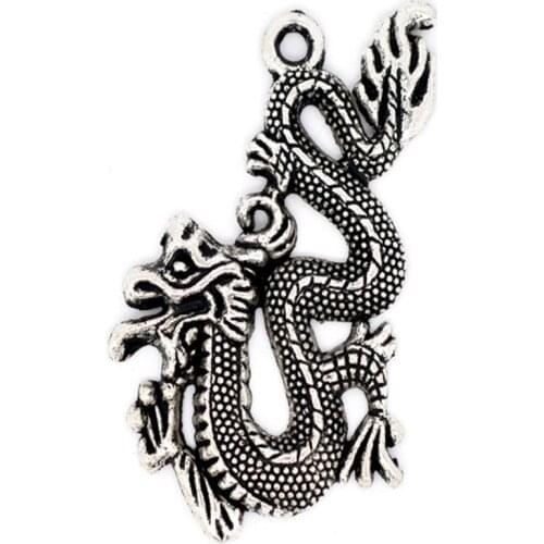 10 PCs Doreen Box Dragon Charms Pendants Znic Alloy Silver Color 52x32mm For DIY Fashion Jewelry Making Findings, Hole: 2.7mm