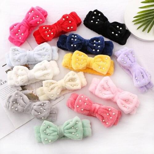 2021 Wash Face Makeup Headbands For Women Coral Fleece Bow Spa Headband Shower Hair Band Girls Pearls Turban Hair Accessories
