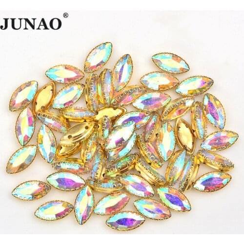 JUNAO 50pcs 7x15mm Glass Crystal Horse Eye Rhinestones Gold Base Claw Sew On Stone Flatback Strass for Clothes Jewelry