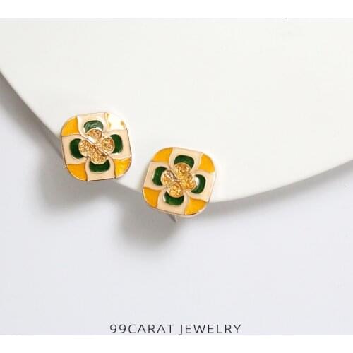 99 carat S925 silver needle gold-plated drop glaze retro square earring flower pattern ins personalized fashion female wr