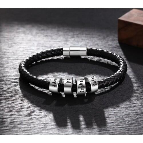 Custom Name Beads Charm ID Bracelet Men Black Leather Braided Rope Bracelets with Magnetic Clasp Chrismas Gift
