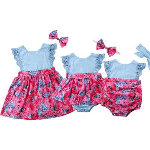 Cute Sister Matching Clothes Kids Baby Girls Lace Flower Romper Dress Outfit Set
