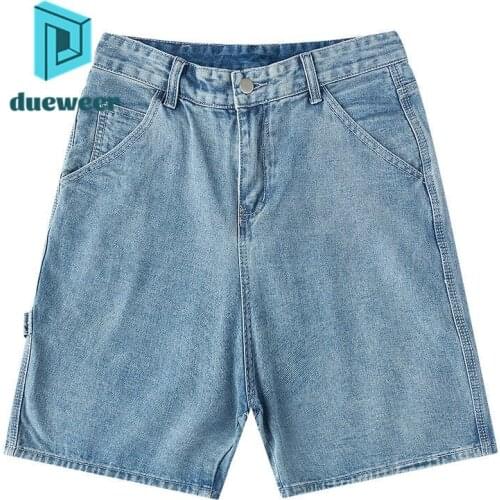 DUEWEER Mens Jeans Shorts Summer Straight Knee Length Baggy Pants Streetwear Men Casual Harajuku Distressed Denim Pants Shorts