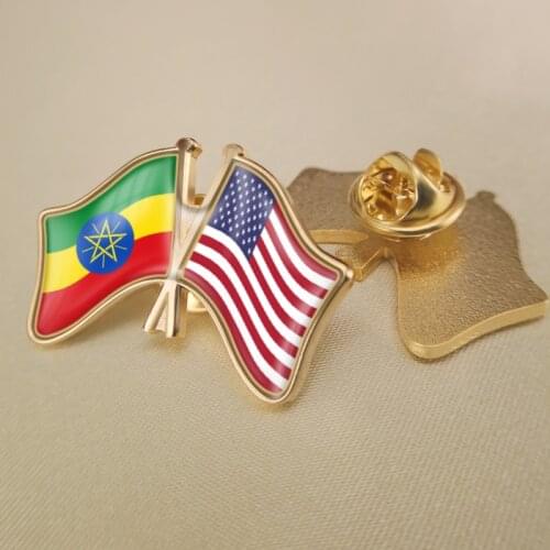 Ethiopia and United States Crossed Double Friendship Flags Lapel Pins Brooch Badges