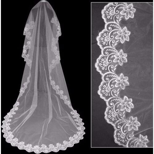 Ivory White Long Wedding Veil With Appliques Lace One Layer Cheap Bridal Veils Promotion Wedding Accessories For Bride