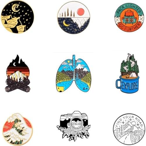 Creative Outdoors nature Enamel Pins sunrise Wave forest Brooch Bag Button Badge World Adventure Tour Jewelry Gift for Friends