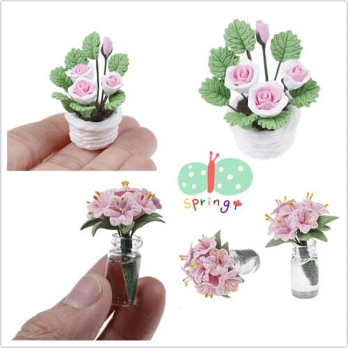 Doll House Toy Mini Fake Plant Flower Pink Lily Glass Bottle Flower Arrangement Dollhouse Furniture Miniatures 1:12 Accessories