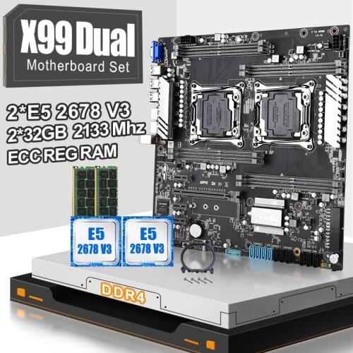 JINGSHA X99 Dual CPU Motherboard Set LGA 2011-3 With E5 2678V3 Processor And DDR4 2*32GB ECC REG RAM 2133 MHz Support E5V4 Serie