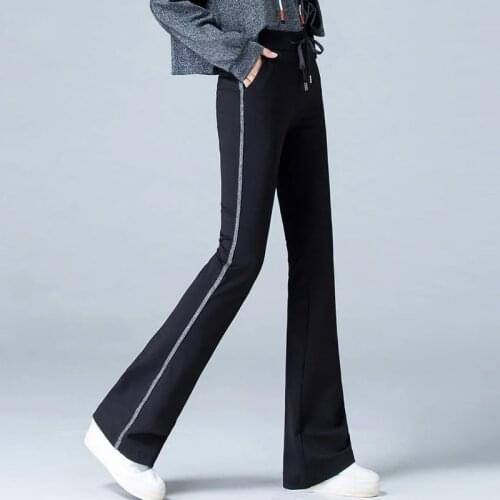 Fashion Side Stripe Drawstring High Waist Flare Pants Women Korean Style Slim Bell Bottom Pants Casual Sweat Trousers Female