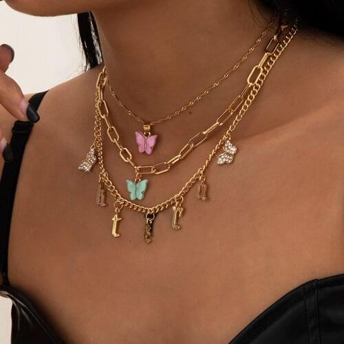 European and American simple retro jewelry with multi-layer tassel multi-element butterfly letter necklace set for female