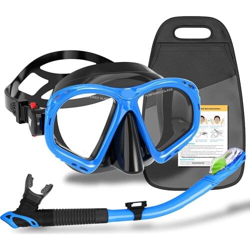 Snorkel Set Tempered Glass Snorkeling Package Set Anti-Fog Coated Glass Diving Mask Snorkel and Anti-Splash Guard Blue