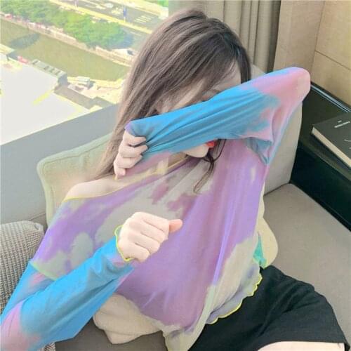 Tie Dye Mesh Top Long Sleeve T Shirt Women Aesthetic Summer Sky Print Tshirt Frill Crop Tee Purple Top Vintage Korean Fashion