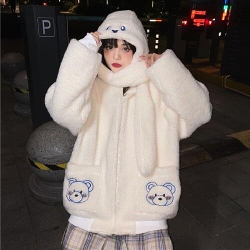 Cute Bear Chic Hoodie For Women Oversized Japanese Preppy Long Sleeve Sweatshirt With Zipper Imitation Lamb Warm Students Coats