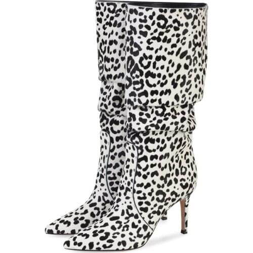 Euro Women Fashion Leopard Horsehair Stiletto Heels Pleated Riding Boots Ladies Pointed toe Mid calf Botas Women Big size 46