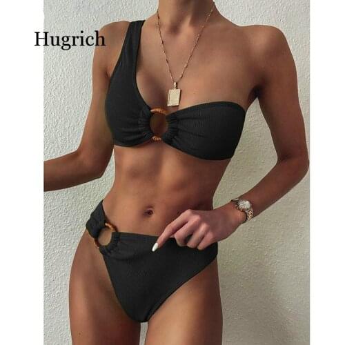 One Shoulder Bikini Womens Swimsuit High Waist Swimwear Sexy Rings Biquini Black Ribbed Beachwear 2021 Brazilian Bikinis
