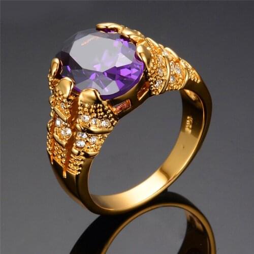 Charm Female Big Purple Crystal Stone Ring Vintage Gold Color Wedding Rings For Women Luxury Round Zircon Engagement Ring