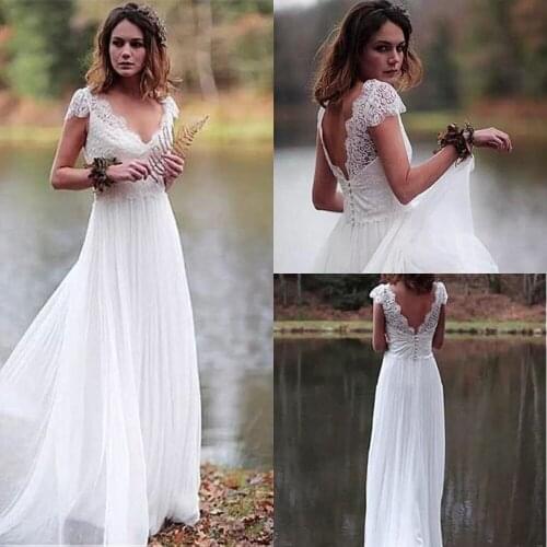 New 2019 Full-length A-line Wedding Dress V-Neck Cap Sleeve Lace Appliques Chiffon Bridal Gowns Zipper Back