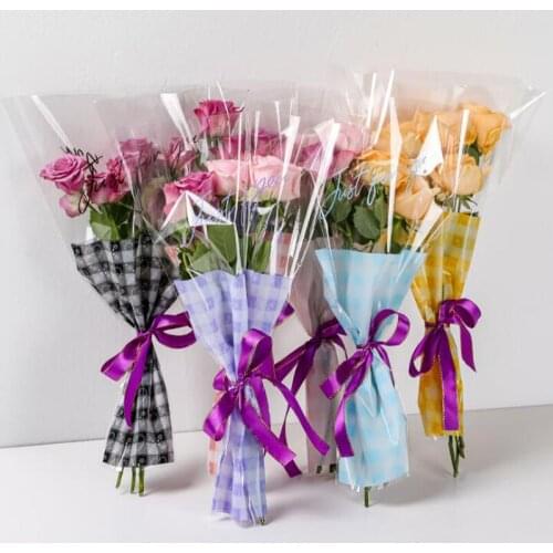 60pcs Plastic Plaid Transparent Flower Wrapping Bags Bouquet Florist Packaging For Wedding Party Valentines Day