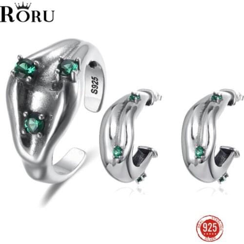 925 Sterling Silver Oxidation Green Zircon Opening Ring Large Earrings Set Luxury Personality Fashion Fine Jewelry for Women