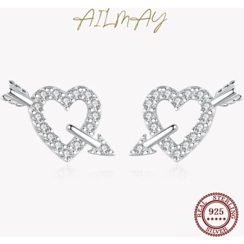 Ailmay Fashion 925 Sterling Silver Hearts Ear Pin Fine Jewelry Clear CZ Earrings For Women Fine Jewelry Valentines Day GIFT