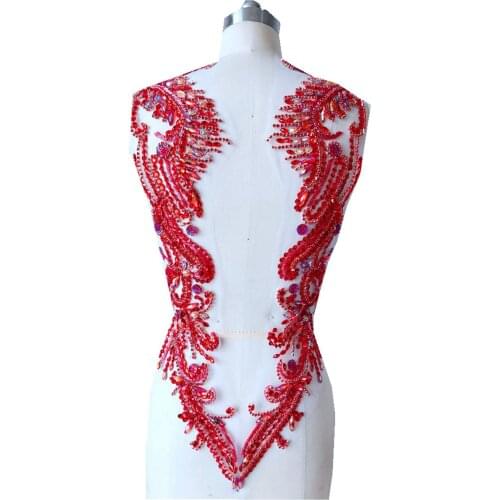 Handmade Sew on rhinestones applique on mesh red crystal trim patches for dress accessory 62*39cm