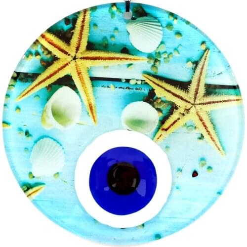 Turquoise Color Fusion Glass 16 Centimeter Wall Decoration with Sea Star Evil Eye Beads