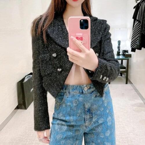 Tassel Bright Silk Woven Tweed Jacket Slim Black Double Breasted V-Neck Cropped Top Brand Clothing 2021 Fall Winter New Vestido