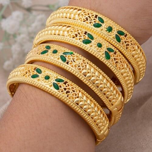 4Pcs/set 24K Dubai Gold Color Bangles for Women Ethiopia wedding Bangles&Bracelets Africa Saudi Arab Green jewelry Party gift
