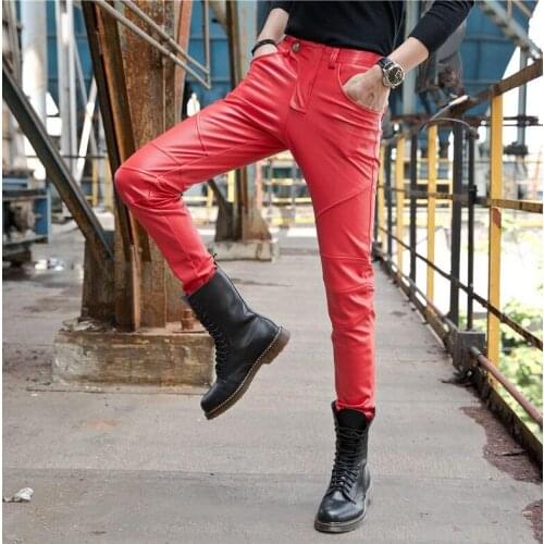 Red leather pants mens feet pants fashion motorcycle pu trousers for men personality Plus velvet thick elastic pantalon homme
