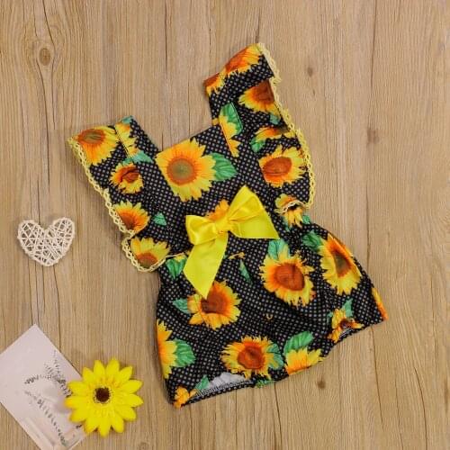 Baby Girl’s Sweet Fly Sleeve Romper Fashion Sunflower Printed Cross Strap Backless Jumpsuits