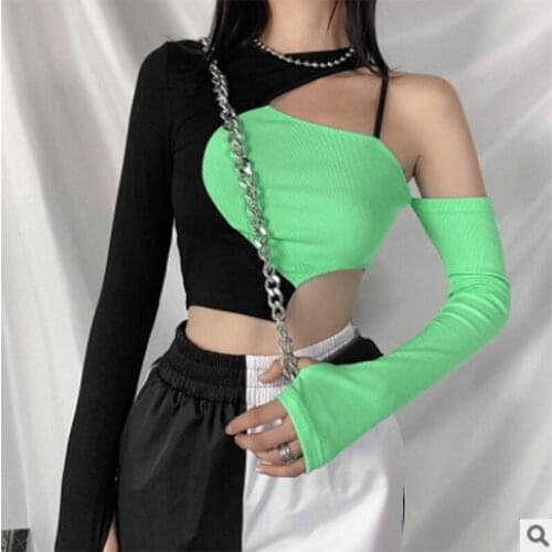 Kayotuas Women T-Shirt One Shoulder Casual Long Sleeve Halter Stitching Slim Fit Hot Sale Short Office Ladies Streetwear