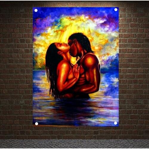 Deep Love Black Couple Banners Flags Sexy Nude Art Poster Canvas Painting Tapestry Wall Hanging Living Room Bedroom Wall Decor