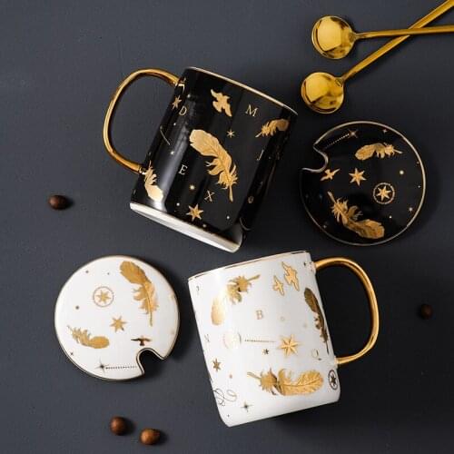 Nordic feather painted gold ceramic cup couple coffee cup high capacity breakfast oatmeal water cup birthday gift cup