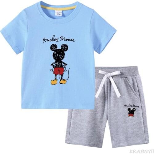 Disney Mickey New Summer Mickey Childrens Korean Version Of Childrens Cotton Short Sleeve Medium Trousers Two Pieces Set