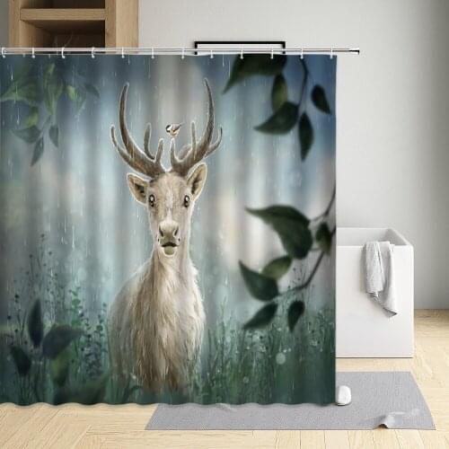 Elk Shower Curtain Nordic Modern Deer Pattern Birds Tree Bathroom Background Decorations Polyester Waterproof Sets Belt Hooks