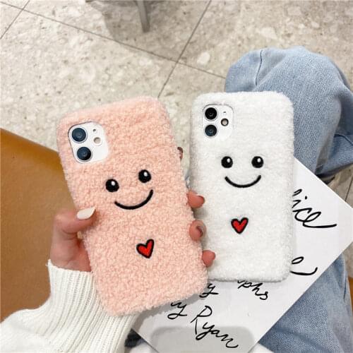 Fashion Solid Cartoons Smile Case For iPhone 12 11 Pro Max XS X XR 7 8 Plus SE2020 Soft Silicone Warm Plush Fabric Cover In Bulk