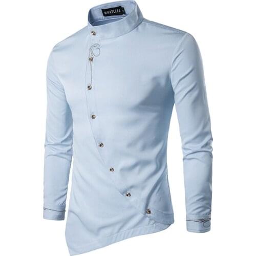 Mens Hipster Embroidery Long Sleeve Shirt 2020 Personality Oblique Slant Button Shirt Men Brand Stand Collar Camisa Shirt Male