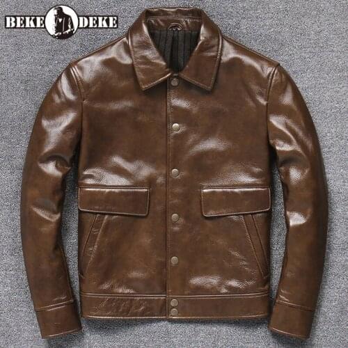 New 2021 Mens Cowhide Turn-Down Collar Single Breasted Pockets Vintage Korean Style Jackets Fashion High Street Casual Coat