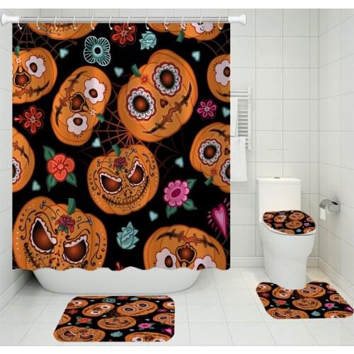 4 Pieces Halloween Bath Sets Skull Pumpkin Shower Curtain Home Textile Toilet Mat Washable U-shaped Pad 3D Print Floor Rugs